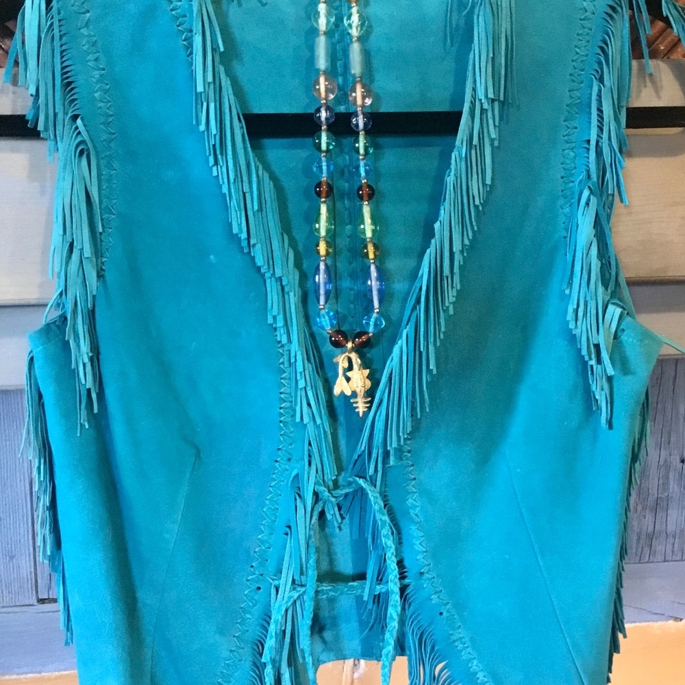 Vintage suede handlaced and fringed North Beach turquoise sz small gorgeous work